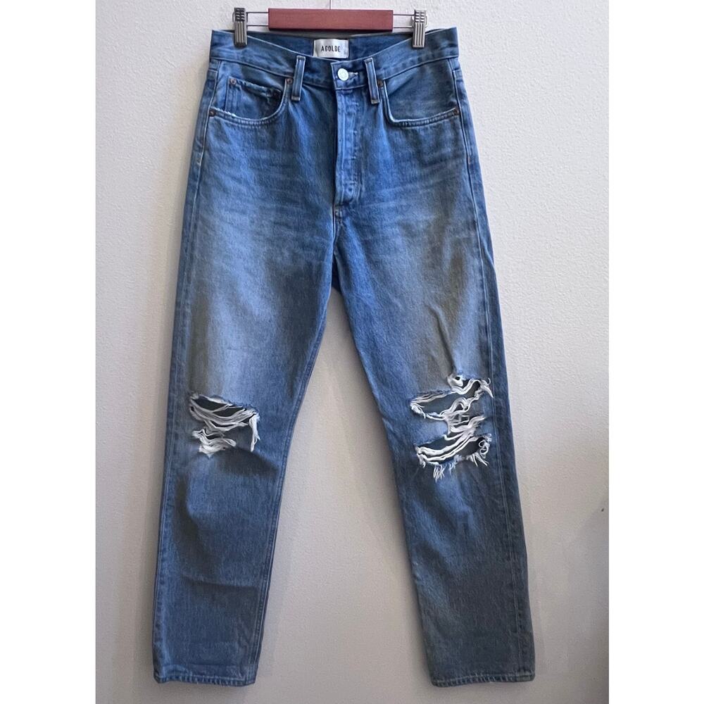 AGOLDE Kelly Long High Rise Straight Leg Jean Distressed Blue Women's 24 (29x31)